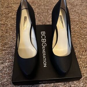 BCBGeneration Black Snakeskin Heels